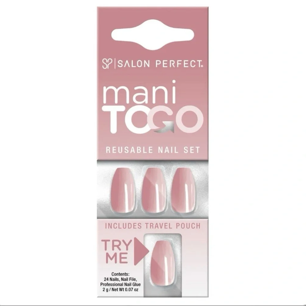 NIB Salon Perfect Mani To Go Reusable Coffin Press On Nails Kit Dusty Pink